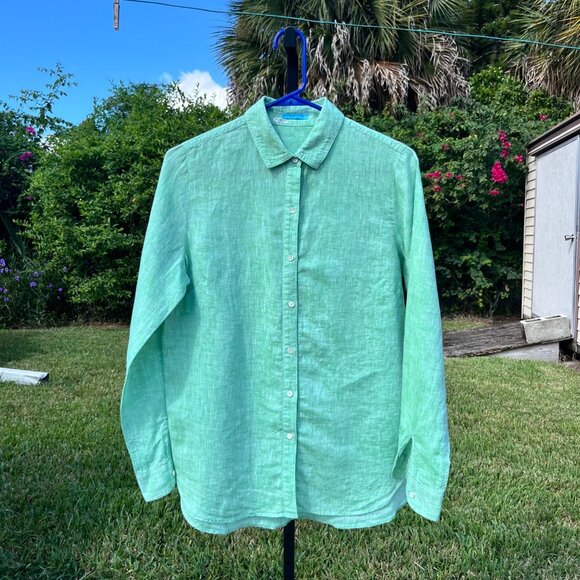 J. McLaughlin Britt Green 100% Linen Long Sleeve Button Up Shirt Size S - Picture 2 of 8